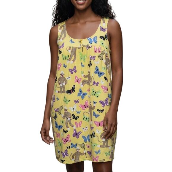 Nick & Nora Sock Monkey Butterfly Yellow Nightgown Sleep Shirt Size Small - Picture 1 of 9